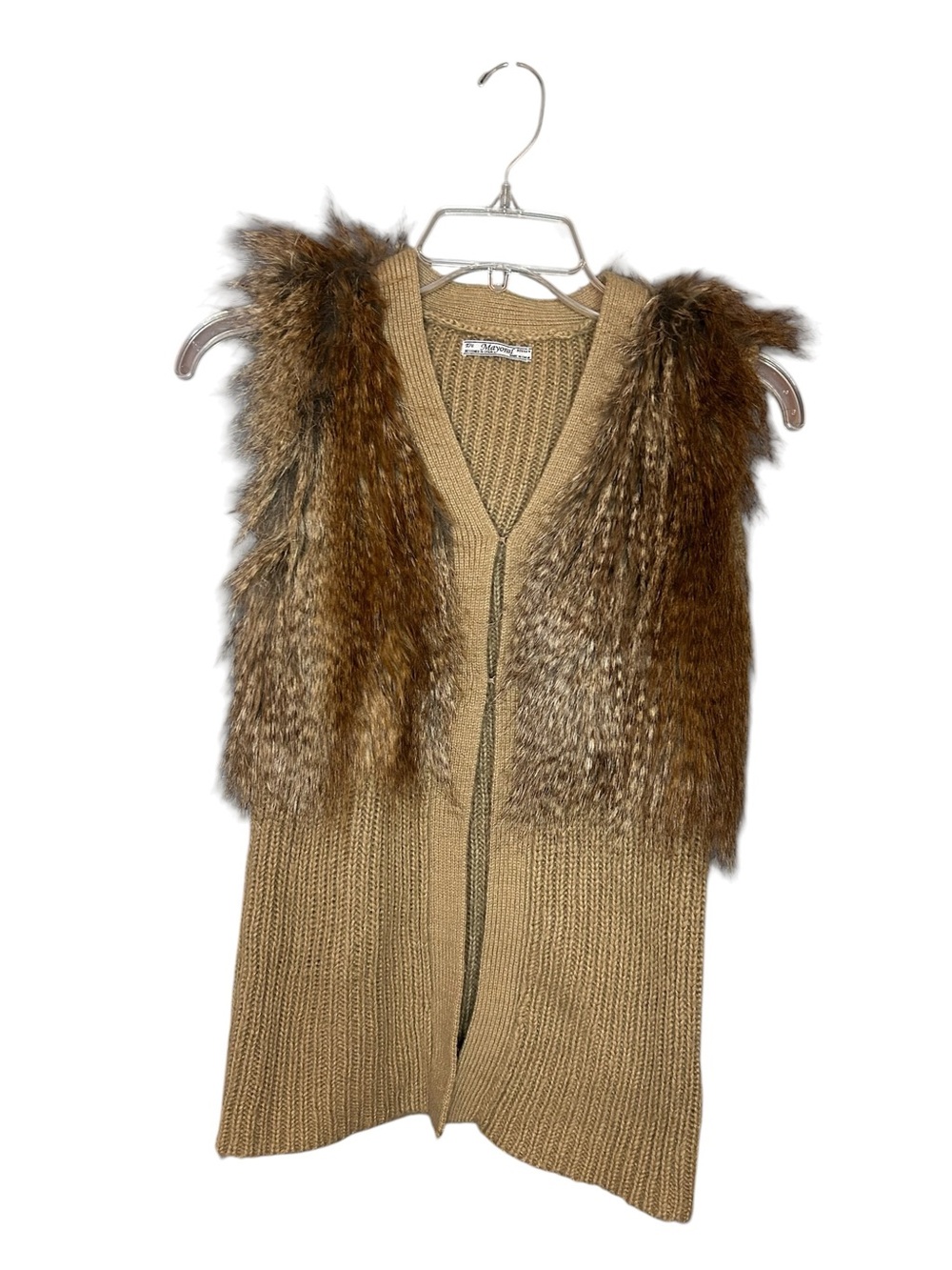 Mayoral Girls Faux Fur Sweater Vest Size 8 Brown Knit Boho Cozy Open Front
